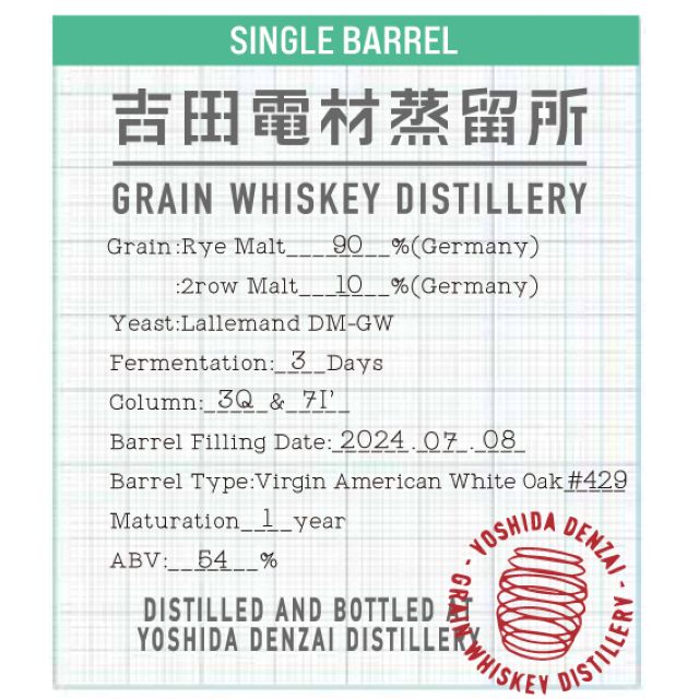 【お１人様１本限りでお願いします】吉⽥電材蒸留所　シングルバレルライ1年熟成　54%　250㎖